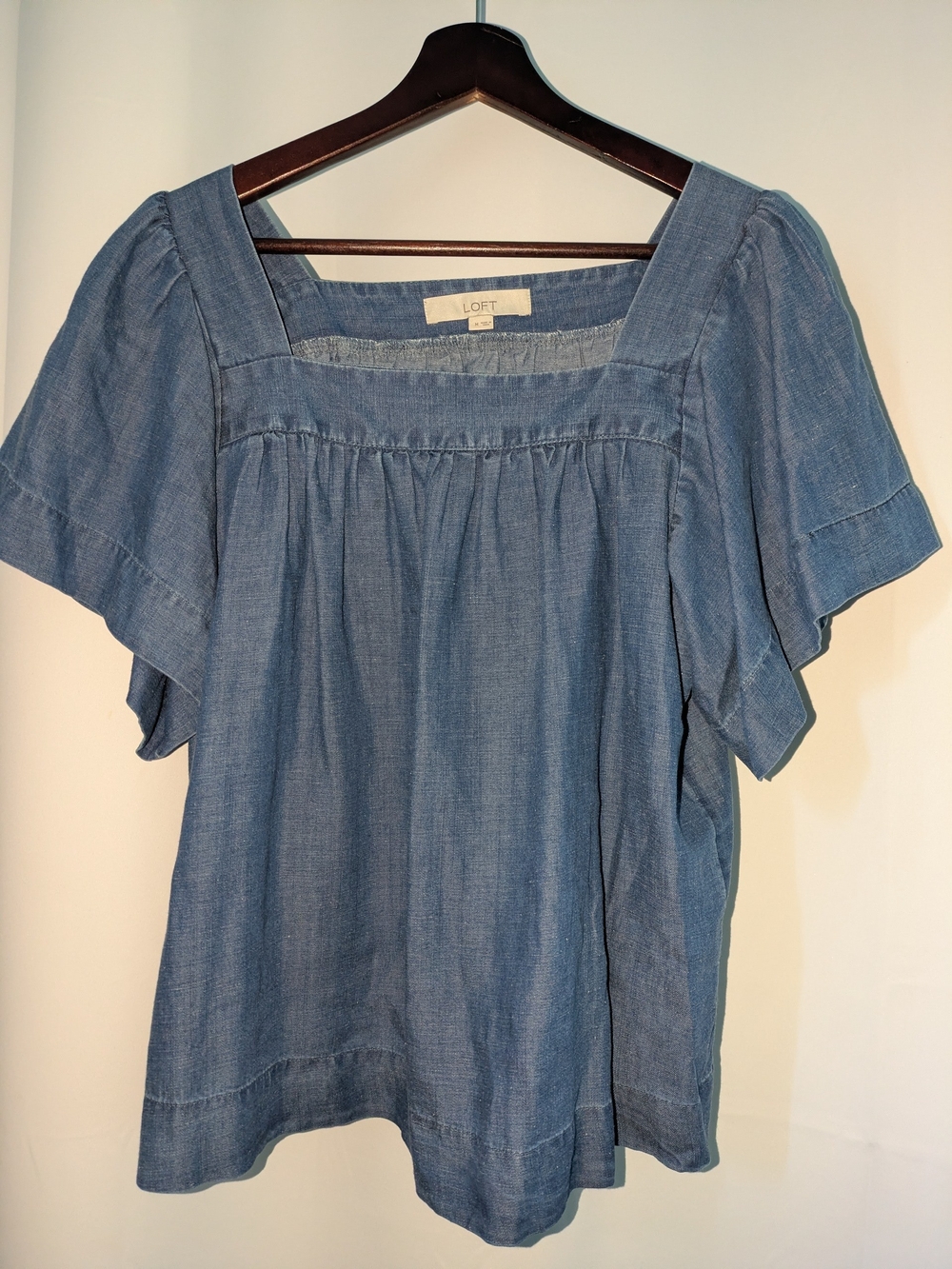 2/$20 LOFT Chambray Blue Square-Neck Flutter Sleeve Top
